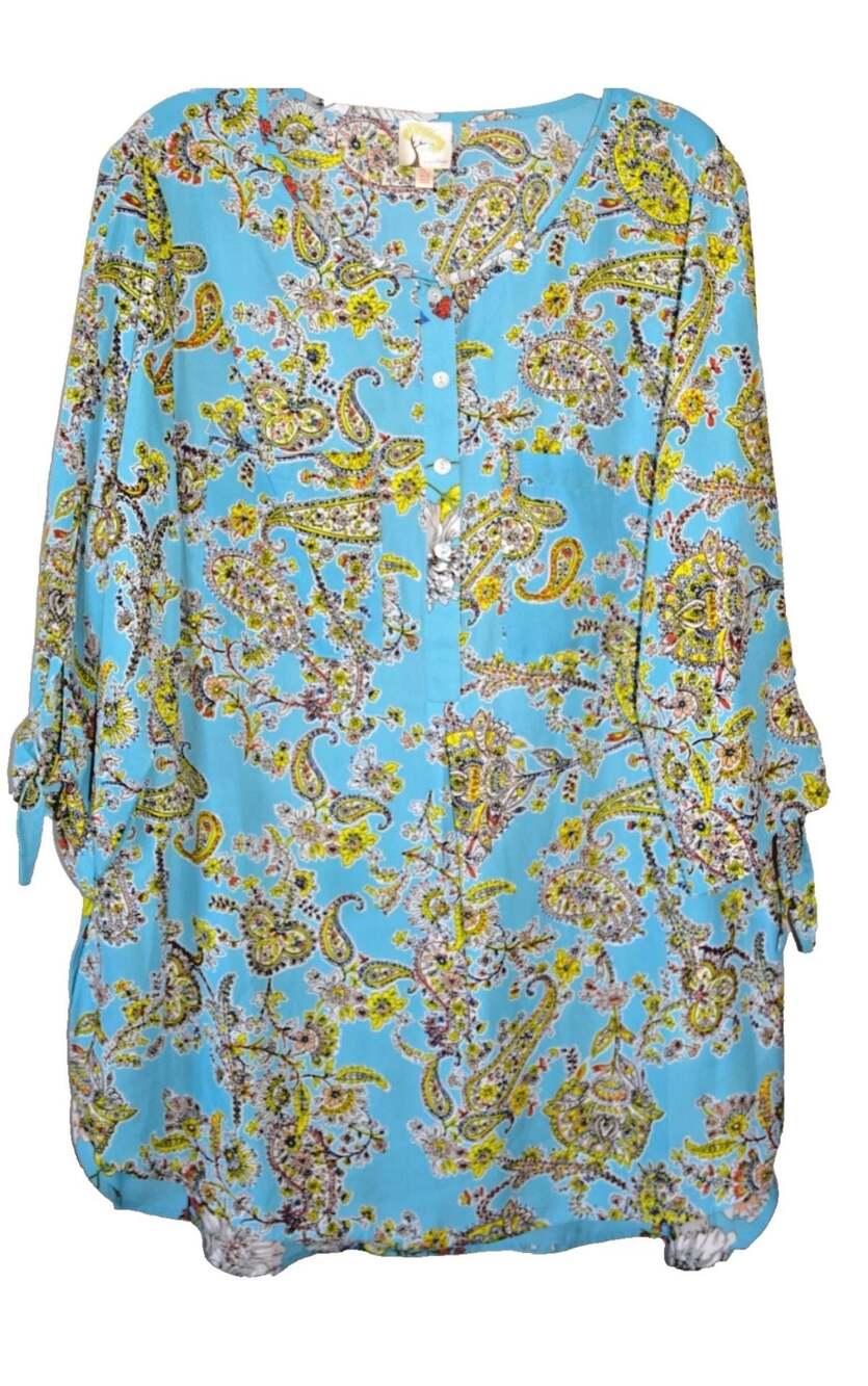 Fig & Flower Paisley TurquoiseFloral Boho Tunic Blouse 2X